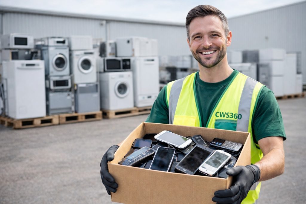 Angajat CWS360 ținând o cutie cu telefoane mobile vechi, într-un depozit cu electrocasnice amplasate pe paleți, pregătite pentru reciclare.