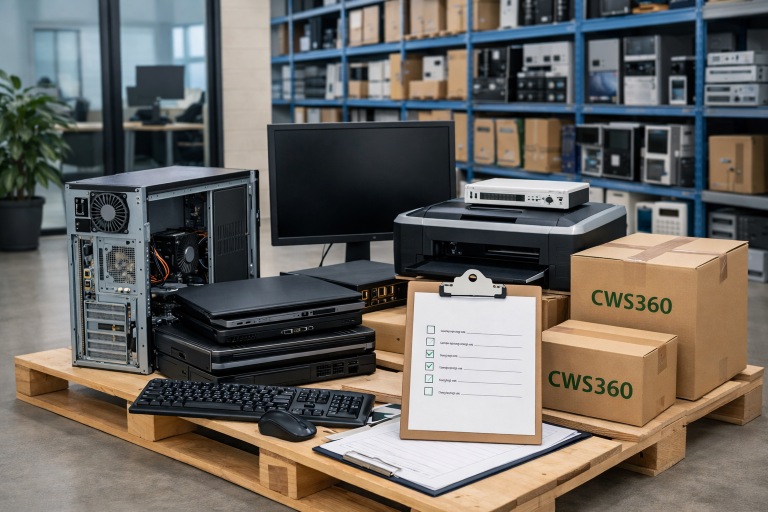 Imaginea prezintă un spațiu de tip depozit sau birou logistic, curat și bine organizat, în care sunt pregătite pentru colectare mai multe echipamente IT uzate. În prim-plan, pe un palet din lemn, sunt așezate ordonat mai multe dispozitive: o unitate PC deschisă, mai multe laptopuri suprapuse, un monitor, o imprimantă, o tastatură și un mouse. Lângă acestea se află o mapă cu foi și un clipboard cu o listă de verificare, sugerând partea de documentare a procesului. În dreapta sunt câteva cutii din carton pe care este inscripționat „CWS360” cu verde, indicând colectarea organizată. Echipamentele nu sunt aruncate sau dezordonate, ci pregătite pentru predare într-un mod clar și structurat. În fundal se văd rafturi metalice cu alte echipamente IT și cutii depozitate, ceea ce sugerează un spațiu profesional, unde echipamentele sunt gestionate organizat.
