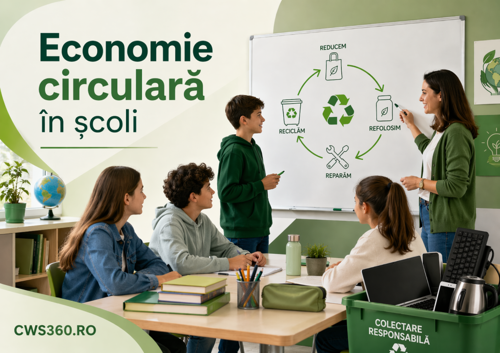 Sală de clasă luminoasă, în nuanțe de verde, în care o profesoară și mai mulți elevi discută despre economie circulară. În stânga apare titlul mare „Economie circulară în școli”, iar jos este scris simplu „CWS360.RO”. Pe tablă este ilustrat un ciclu cu pași precum reducere, refolosire, reparare și reciclare. În dreapta jos se vede o cutie verde pentru colectare responsabilă, cu echipamente electronice DEEE scoase din uz.